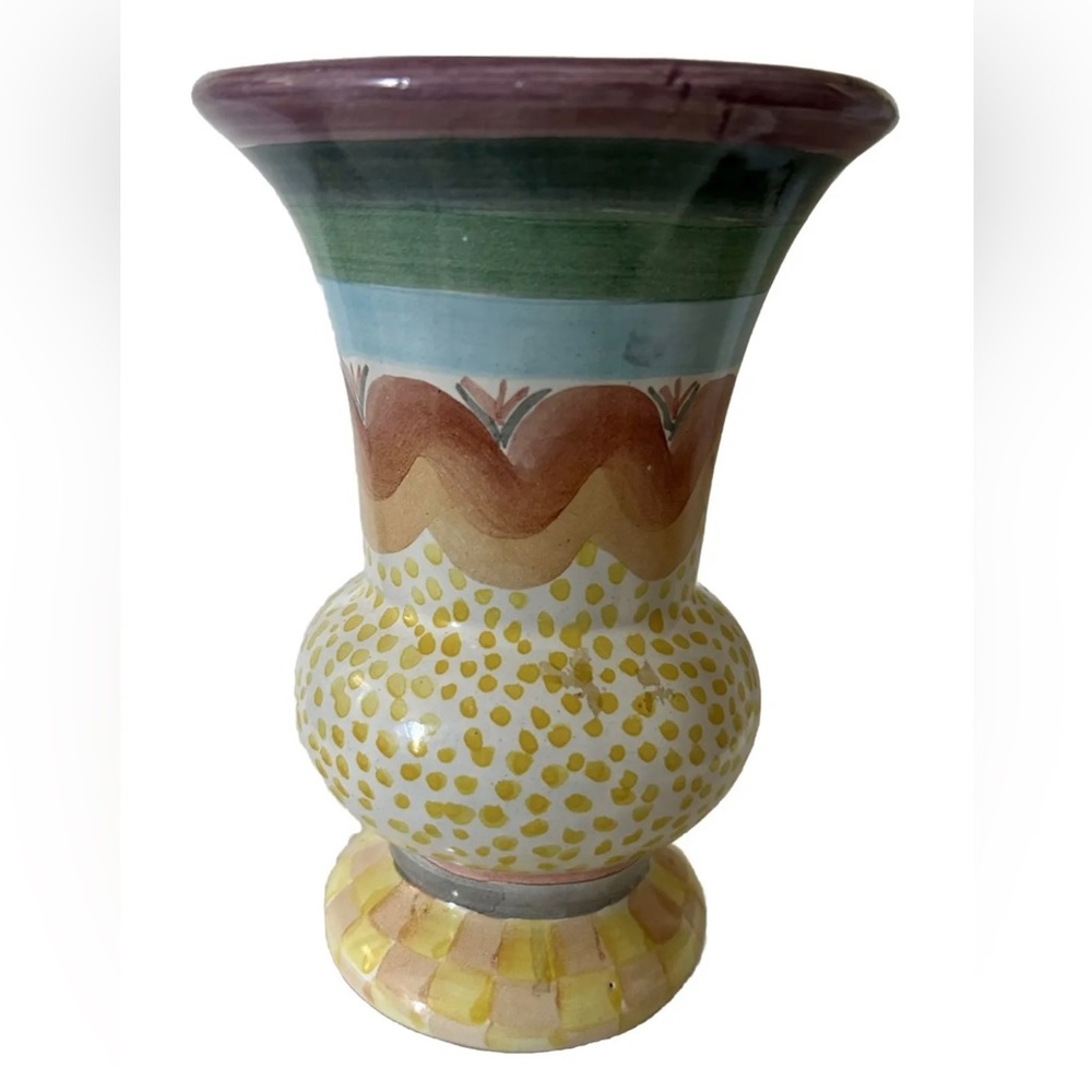 Vintage Mackenzie Childs Brittany Trumpet Vase 7” Polka Dot Stripe